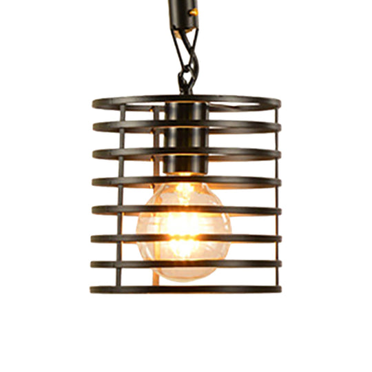 Metal & Rope Hanging Farmhouse Pendant Lamp - Black Globe/Cylinder/Barrel Cage - Dining Room Lighting