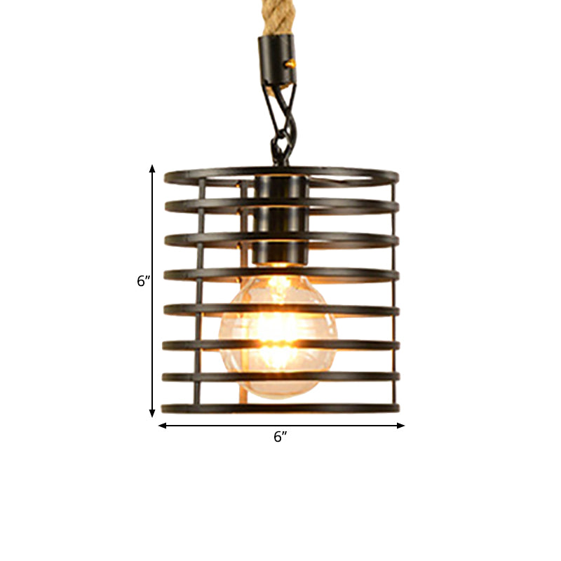 Metal & Rope Hanging Farmhouse Pendant Lamp - Black Globe/Cylinder/Barrel Cage - Dining Room Lighting