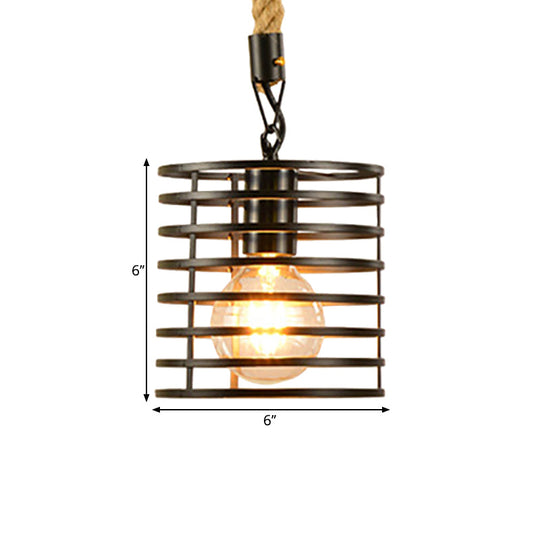 Farmhouse Style Black Metal & Rope Hanging Pendant Light - 1 Globe/Cylinder/Barrel Cage Design For