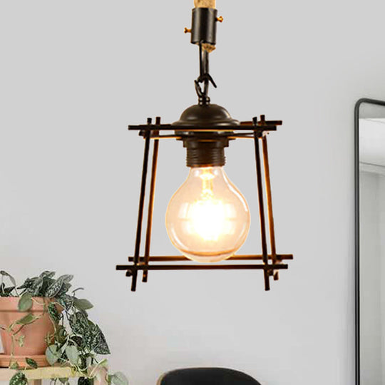 Vintage Style Metal And Rope Pendant Light With Black Wire Cage - 1 Hanging Lamp Cylinder/Square