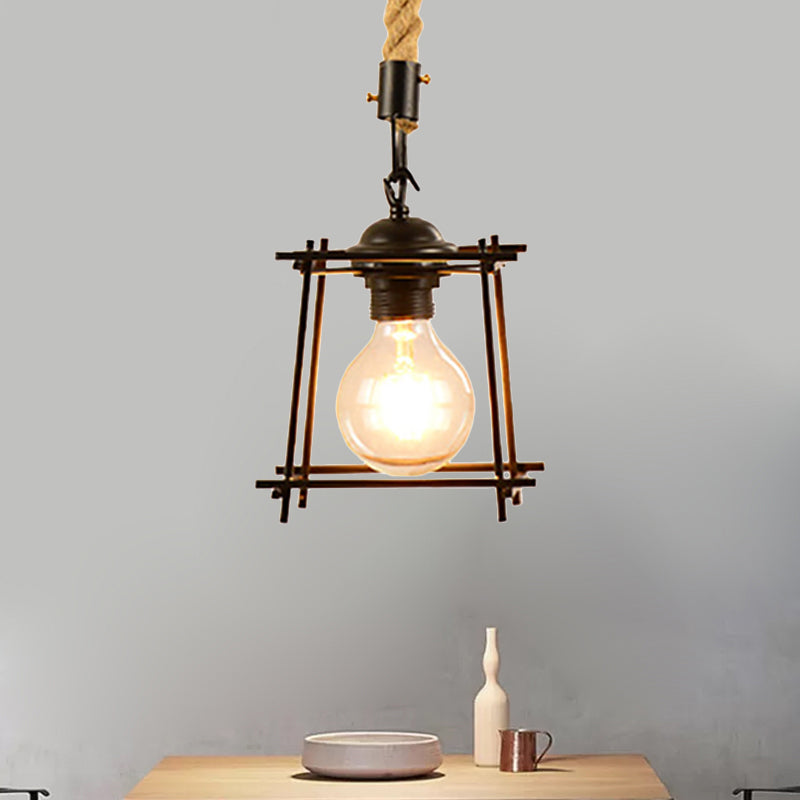 Vintage Style Metal and Rope Pendant Light with Black Wire Cage and Cylinder/Square Shade