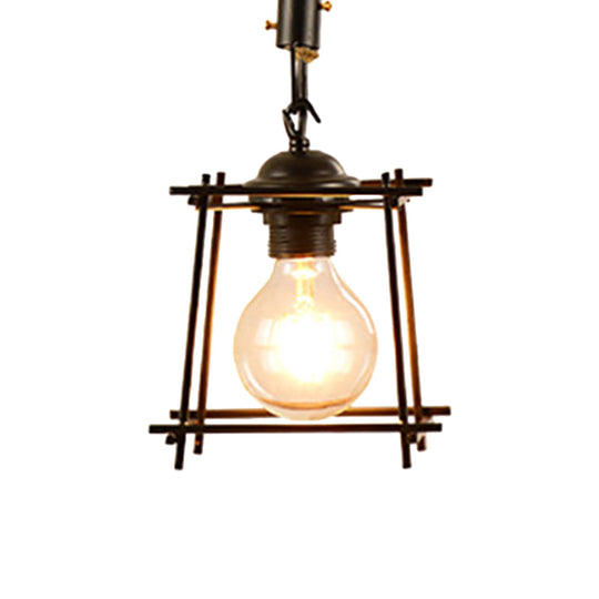 Vintage Style Metal and Rope Pendant Light with Black Wire Cage and Cylinder/Square Shade