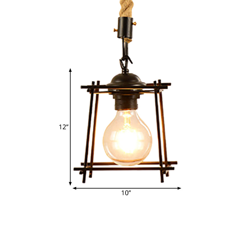 Vintage Style Metal and Rope Pendant Light with Black Wire Cage and Cylinder/Square Shade