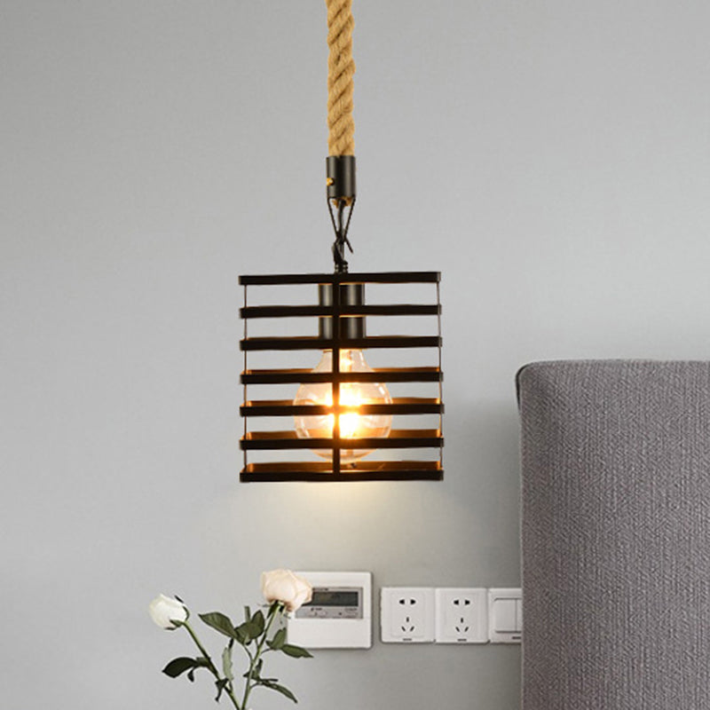 Vintage Style Metal And Rope Pendant Light With Black Wire Cage - 1 Hanging Lamp Cylinder/Square