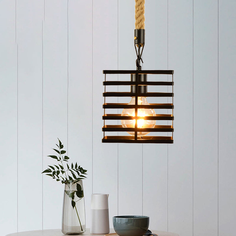 Vintage Style Metal And Rope Pendant Light With Black Wire Cage - 1 Hanging Lamp Cylinder/Square