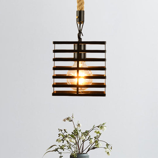 Vintage Style Metal and Rope Pendant Light with Black Wire Cage and Cylinder/Square Shade