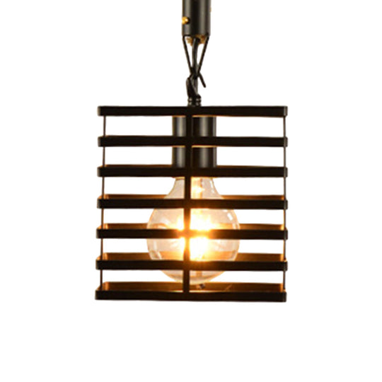 Vintage Style Metal and Rope Pendant Light with Black Wire Cage and Cylinder/Square Shade