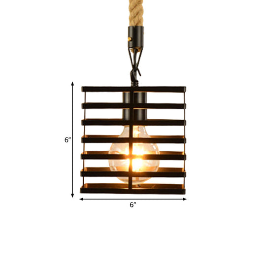 Vintage Style Metal and Rope Pendant Light with Black Wire Cage and Cylinder/Square Shade