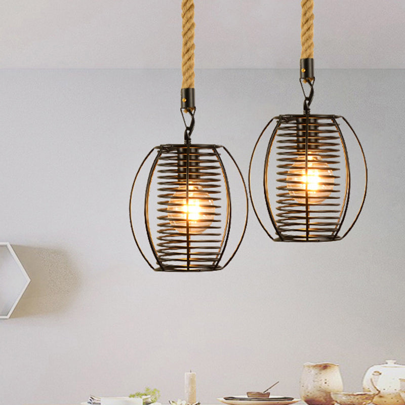 Vintage Style Metal And Rope Pendant Light With Black Wire Cage - 1 Hanging Lamp Cylinder/Square