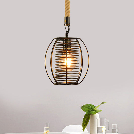 Vintage Style Metal And Rope Pendant Light With Black Wire Cage - 1 Hanging Lamp Cylinder/Square