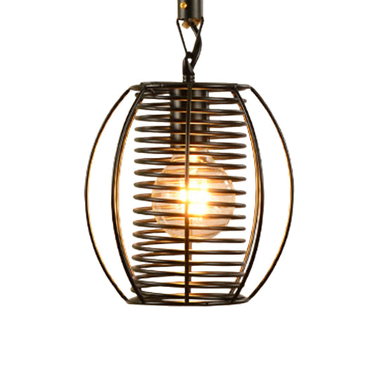 Vintage Style Metal and Rope Pendant Light with Black Wire Cage and Cylinder/Square Shade