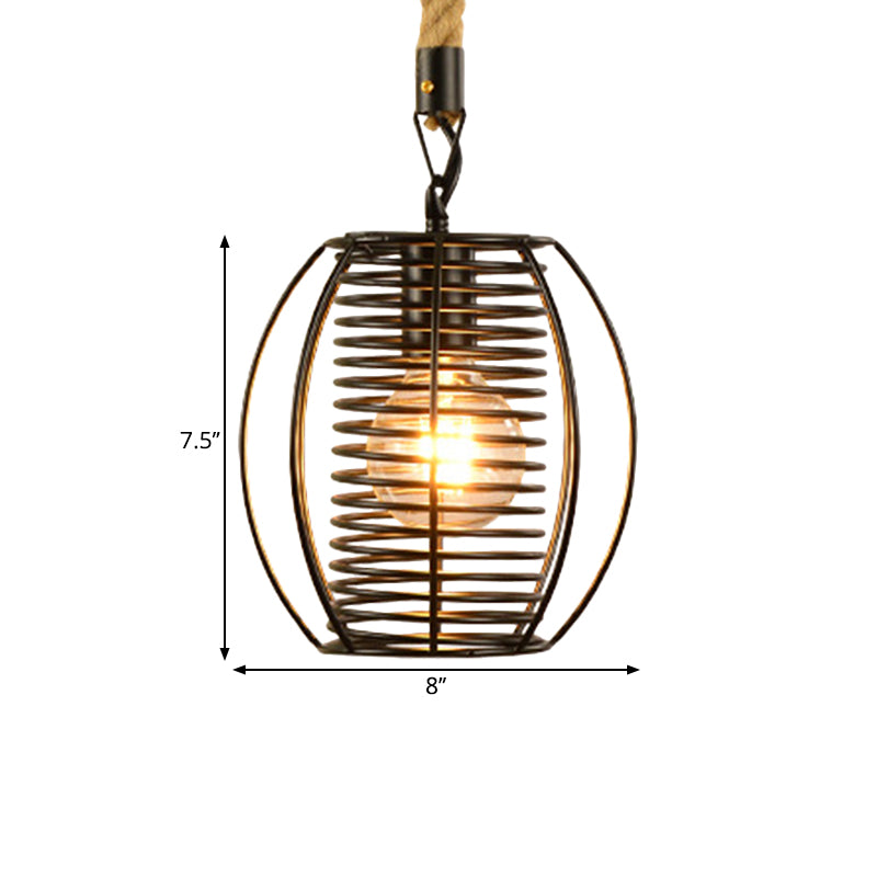 Vintage Style Metal and Rope Pendant Light with Black Wire Cage and Cylinder/Square Shade