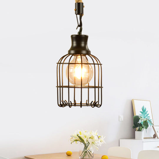 Vintage Style Metal and Rope Pendant Light with Black Wire Cage and Cylinder/Square Shade