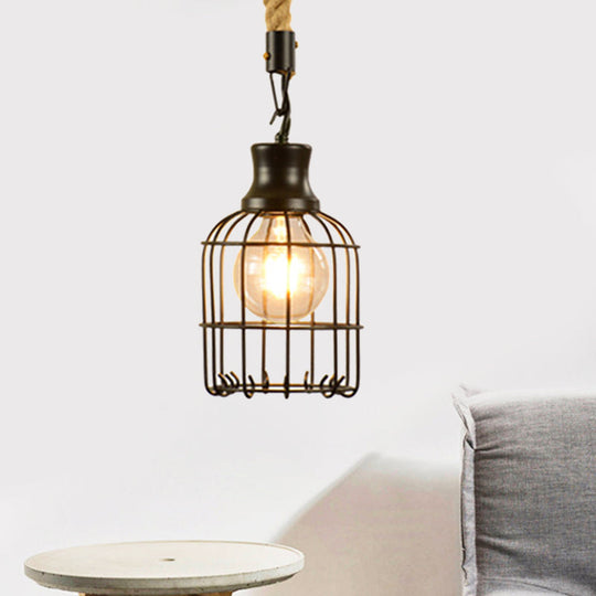 Vintage Style Metal and Rope Pendant Light with Black Wire Cage and Cylinder/Square Shade