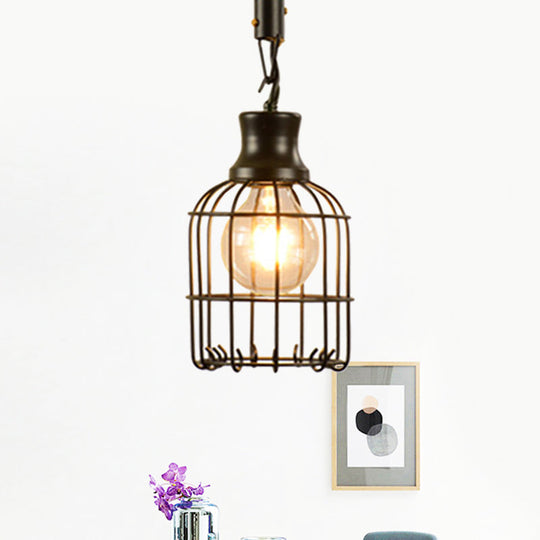 Vintage Style Metal and Rope Pendant Light with Black Wire Cage and Cylinder/Square Shade