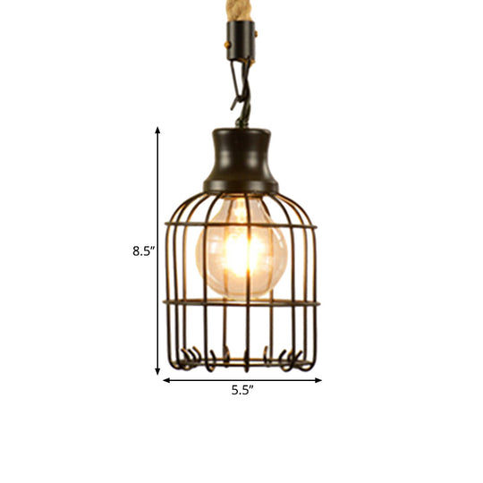 Vintage Style Metal and Rope Pendant Light with Black Wire Cage and Cylinder/Square Shade