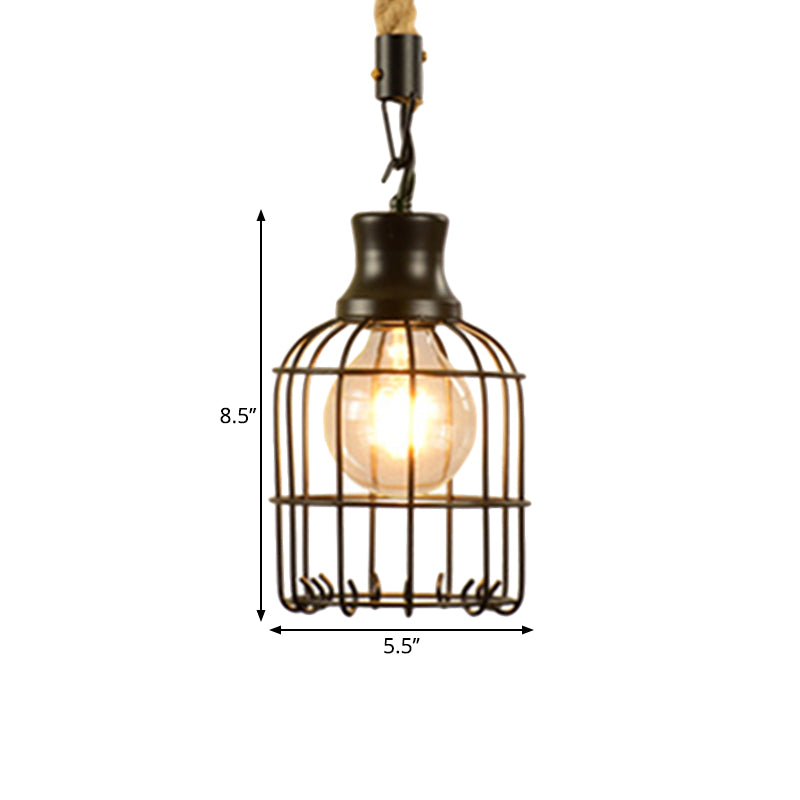 Vintage Style Metal And Rope Pendant Light With Black Wire Cage - 1 Hanging Lamp Cylinder/Square