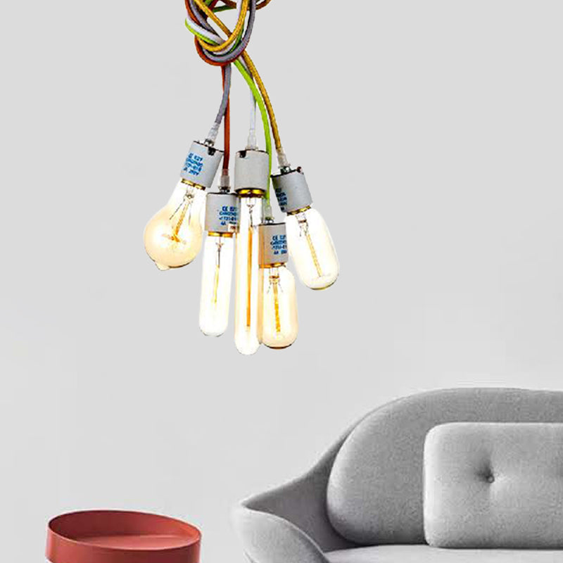 Suspended Industrial Metal Light with 5 White Bulbs and Multi-Colored Cord for Open Bulb Restaurant Ceiling