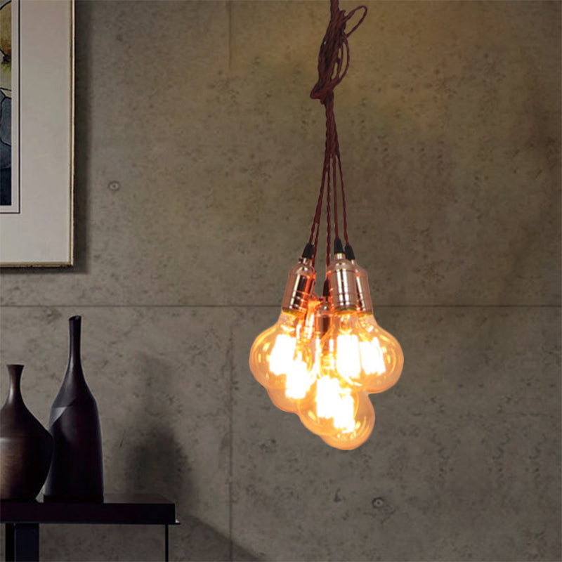 Vintage Style Copper Finish Multi Light Pendant - Metal Open Bulb Hanging Lamp with Cord