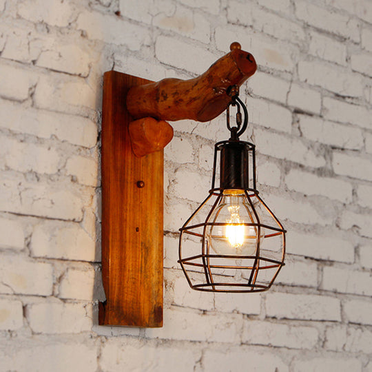 Rustic Metal Wall Lamp With Wooden Backplate - Vintage Style Sconce Light For Bedroom Black Finish 1