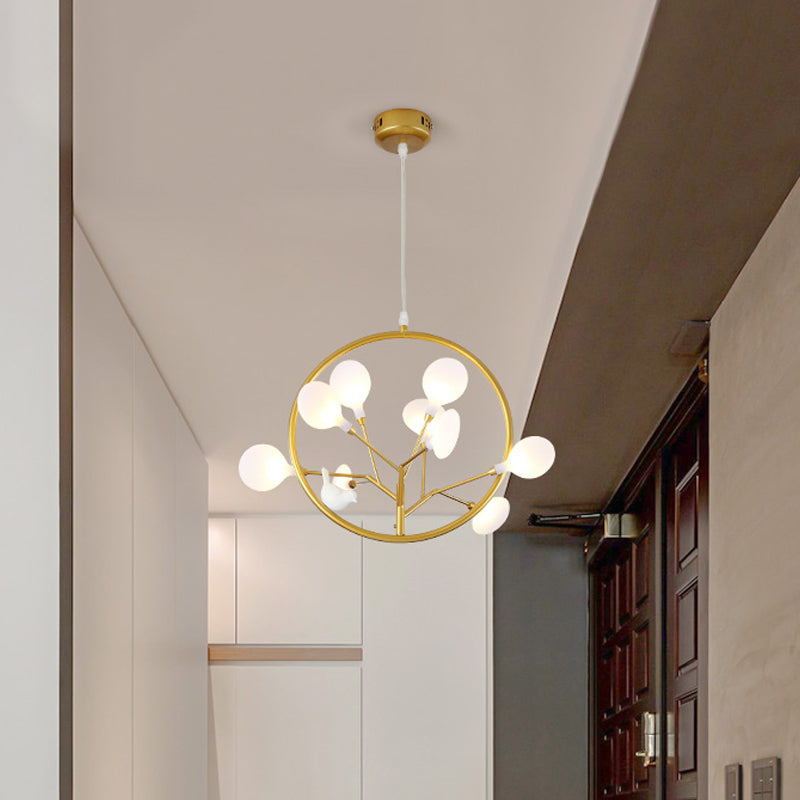 Eden - Elegant 9 Lights Branch Pendant Lamp with Bird Deco Elegant Metallic Hanging Light in Gold for Cloth Shop