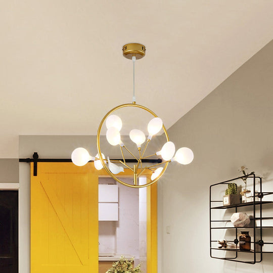 9-Light Bird Deco Pendant Lamp: Elegant Metallic Gold Hanging Light For Cloth Shop