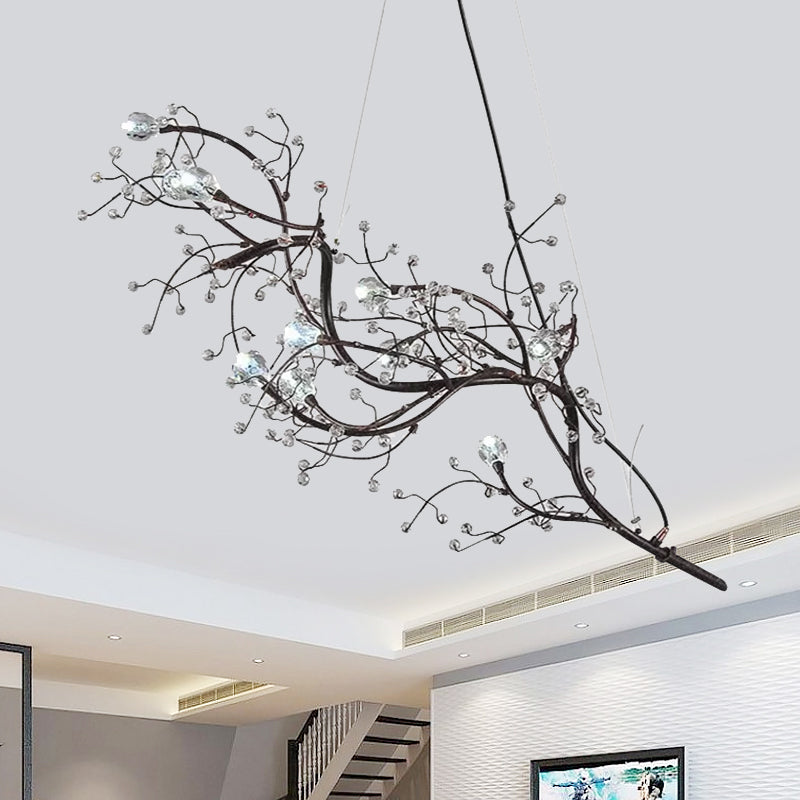 Romantic Crystal Bead Chandelier: Metallic Thin Branch Design 10 Lights For Boutique Black