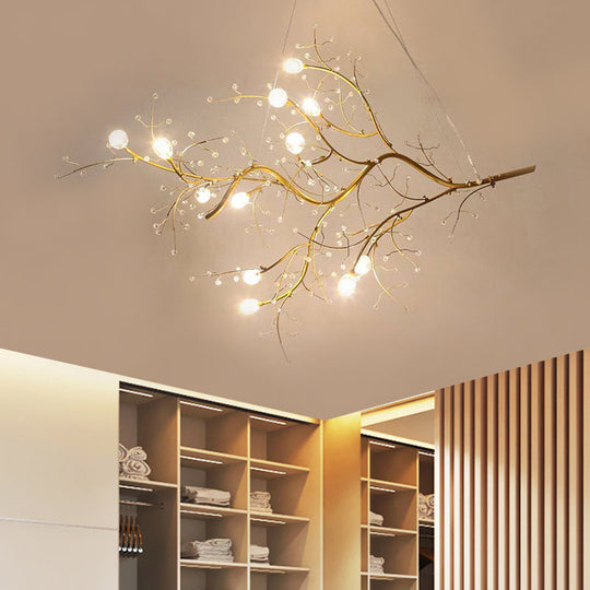 Romantic Crystal Bead Chandelier: Metallic Thin Branch Design 10 Lights For Boutique