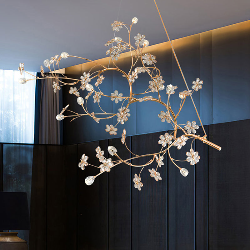 Gold Metallic Pendant Light: Romantic Plum Tree Chandelier With Crystal Flower (12 Lights) For Cafe