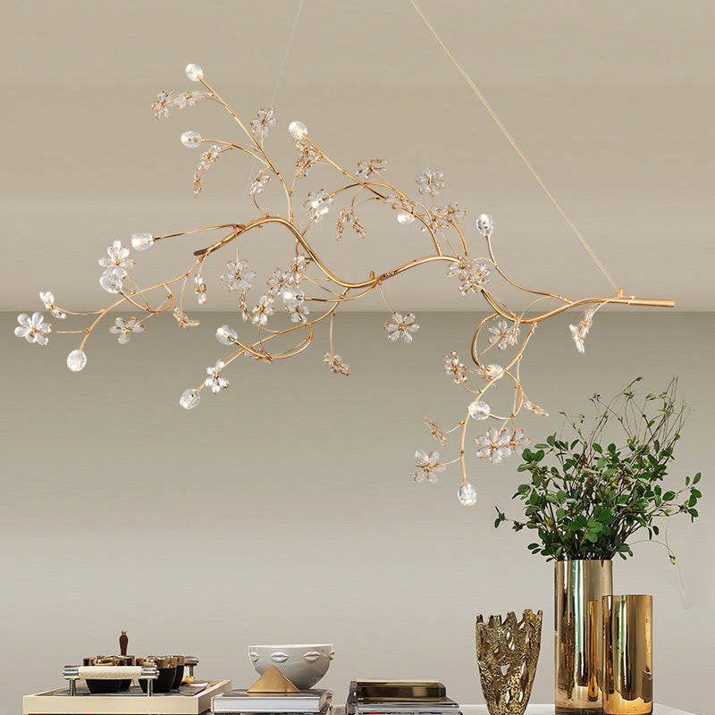 Jessica - Plum Romantic Plum Tree Chandelier with Crystal Flower 12 Lights Metallic Pendant Light in Gold for Cafe