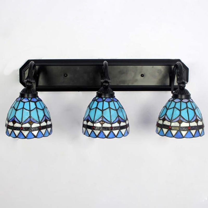 Baroque Style Stained Glass Vanity Light With 3 Wall-Mounted Bowls In Black Blue