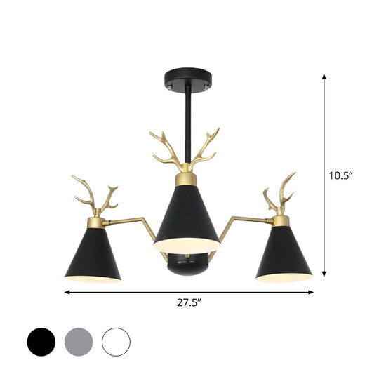 Nordic Deer Horn Cone Hanging Lamp: 3-Light Metal Chandelier For Cafes & Restaurants