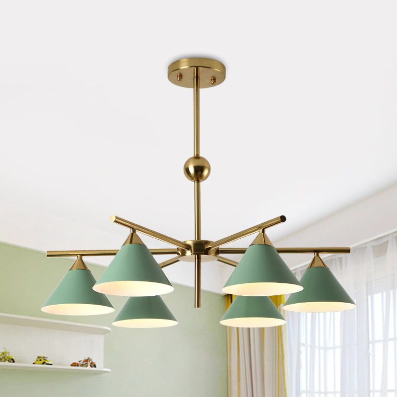 Kid Bedroom 6-Head Macaron Candy Colored Chandelier: Metallic Pyramid Design Hanging Light Green