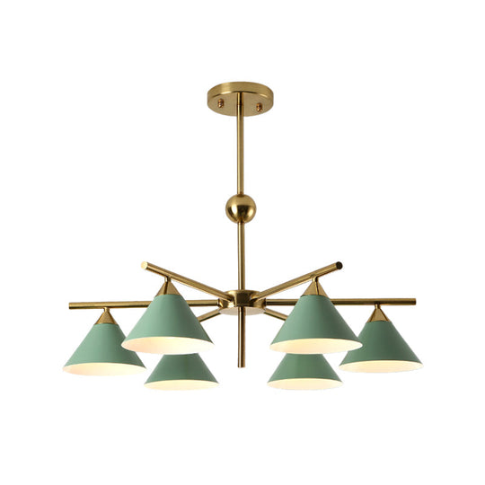 Kid Bedroom 6-Head Macaron Candy Colored Chandelier: Metallic Pyramid Design Hanging Light