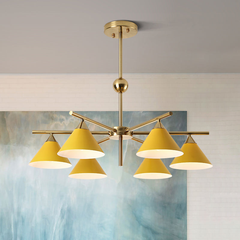 Kid Bedroom 6-Head Macaron Candy Colored Chandelier: Metallic Pyramid Design Hanging Light Yellow