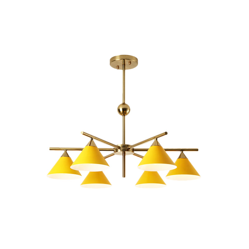 Kid Bedroom 6-Head Macaron Candy Colored Chandelier: Metallic Pyramid Design Hanging Light