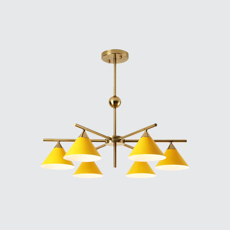 Kid Bedroom 6-Head Macaron Candy Colored Chandelier: Metallic Pyramid Design Hanging Light