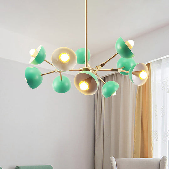 Modern Green Pendant Chandelier With 10 Lights For Restaurant - Iron Hemisphere Shade