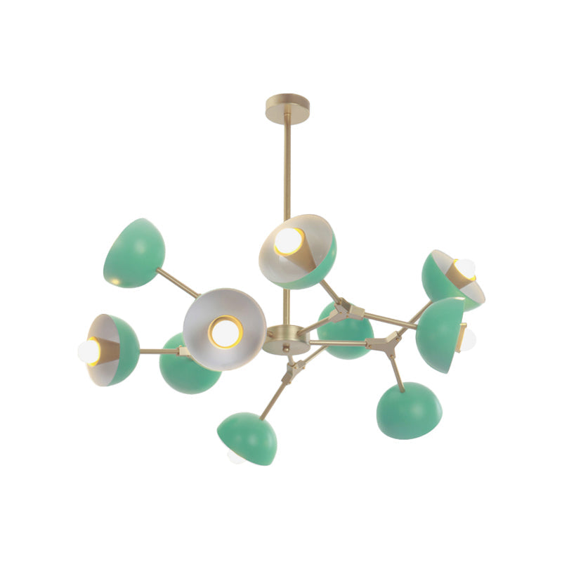 Modern Green Pendant Chandelier With 10 Lights For Restaurant - Iron Hemisphere Shade