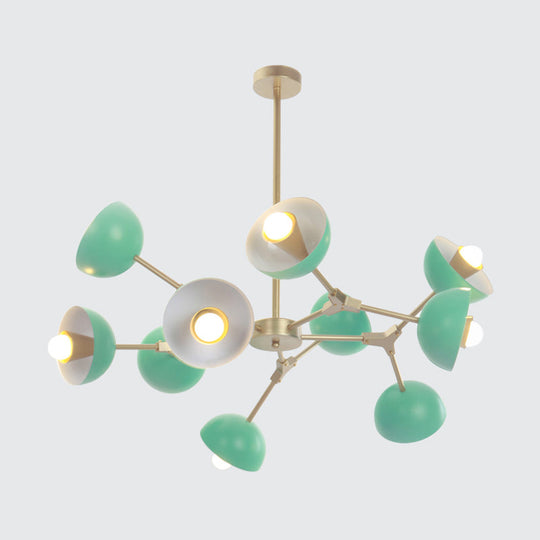 Modern Green Pendant Chandelier With 10 Lights For Restaurant - Iron Hemisphere Shade