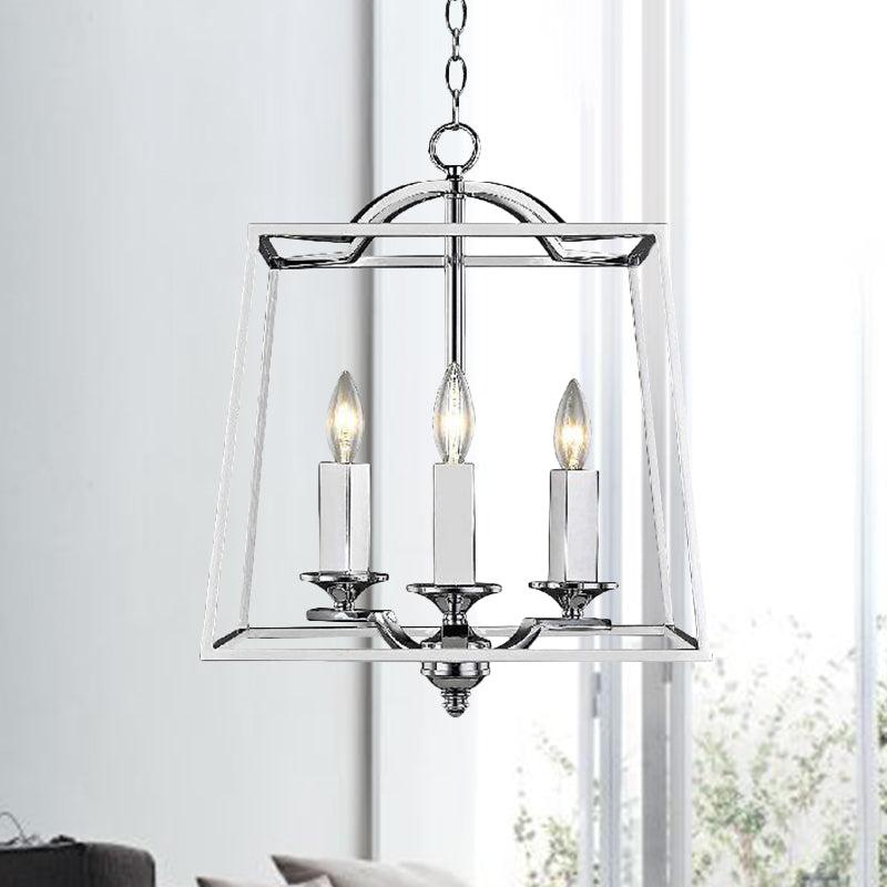 Industrial Style Silver Pendant Light With Polished Metal Cage - 3 Heads Trapezoid Design