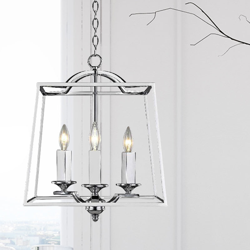 Industrial Style Silver Pendant Light With Polished Metal Cage - 3 Heads Trapezoid Design