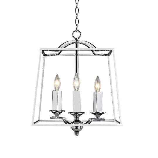 Industrial Style Silver Pendant Light With Polished Metal Cage - 3 Heads Trapezoid Design