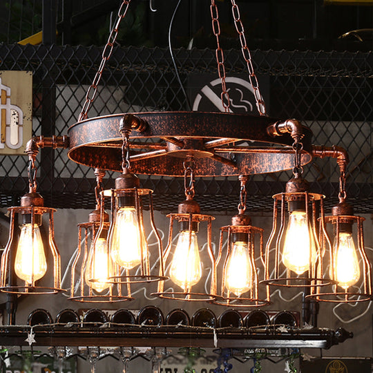 7-Light Dark Rust Pendant Chandelier with Wrought Iron Bell Cage and Wheel Design - Farmhouse Hanging Lamp