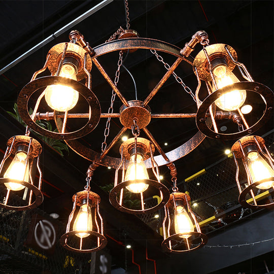 7-Light Dark Rust Pendant Chandelier with Wrought Iron Bell Cage and Wheel Design - Farmhouse Hanging Lamp