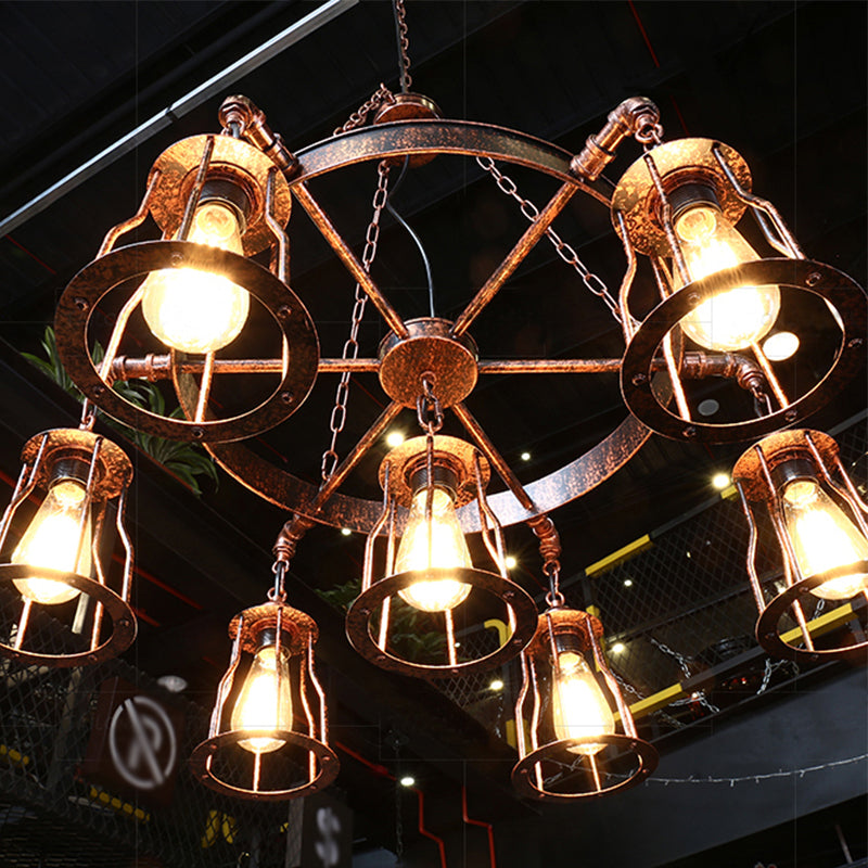 Rustic Farmhouse Pendant Light With Dark Rust Finish - Bell Cage Design 7 Lights Wrought Iron