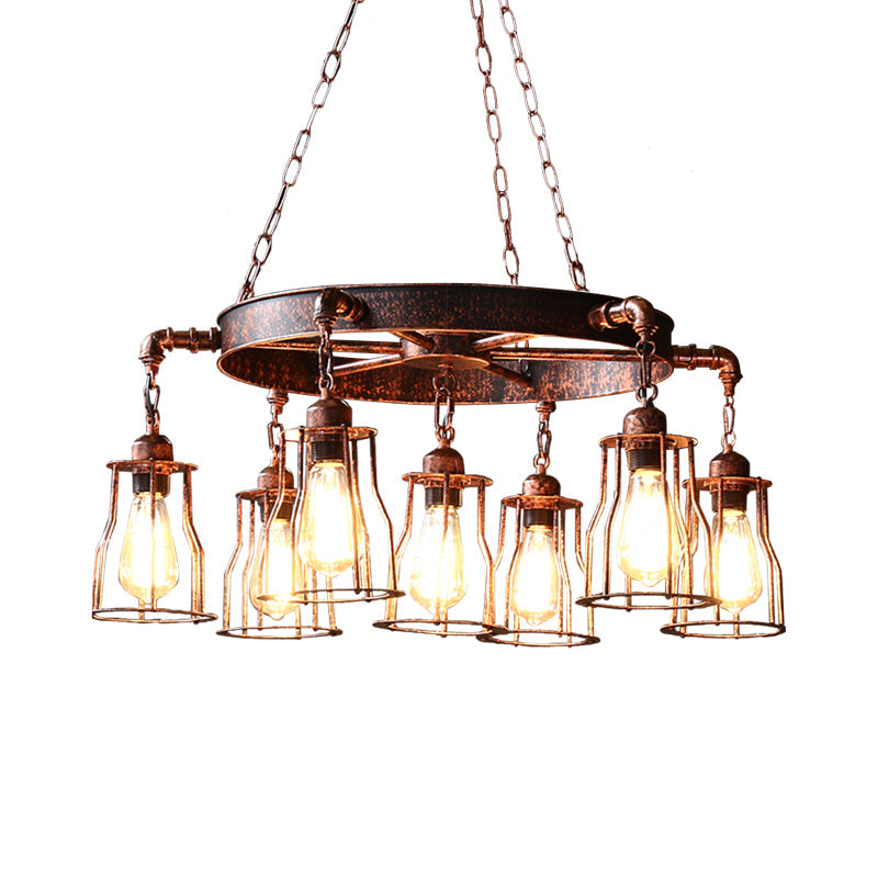 7-Light Dark Rust Pendant Chandelier with Wrought Iron Bell Cage and Wheel Design - Farmhouse Hanging Lamp