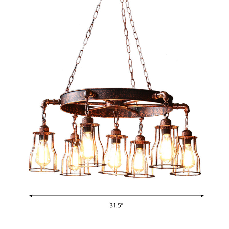 Rustic Farmhouse Pendant Light With Dark Rust Finish - Bell Cage Design 7 Lights Wrought Iron