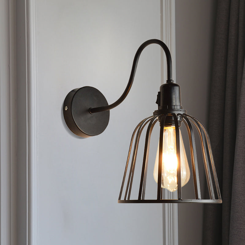 Retro Gooseneck Wall Sconce In Black With Bell Cage Shade - Ideal Dining Room Lighting