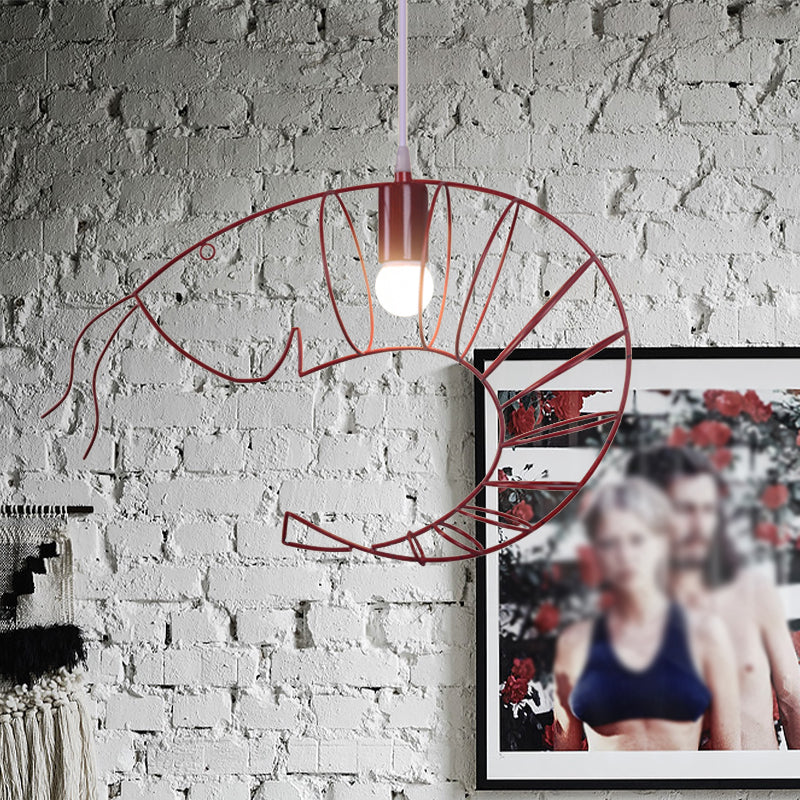 Retro Stylish 1-Light Metal Hanging Lamp - Black/Red/White Shrimp Pendant Light With Wire Guard For